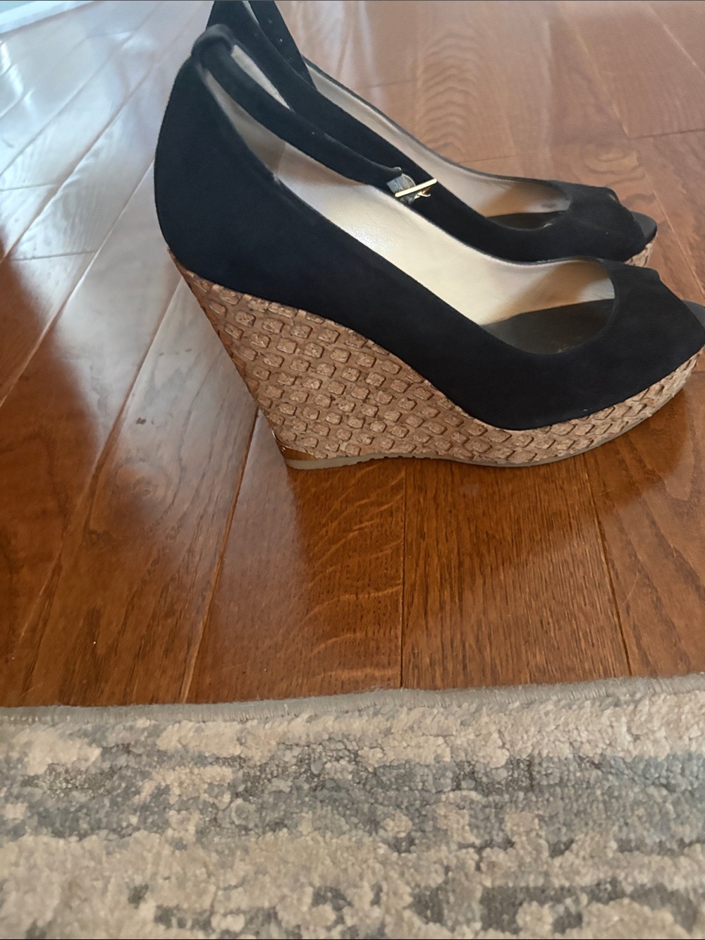 Jimmy Choo Black Suede Peep-Toe Wedge Sandals with Braided Espadrille Platform